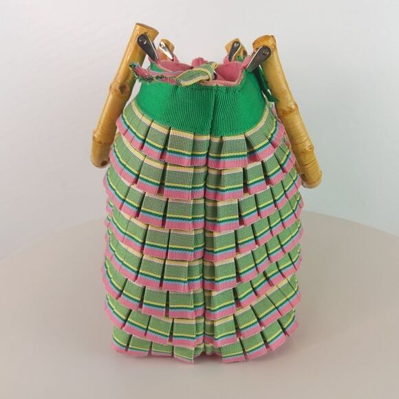 And pink plaid ruffled zip top handbag with faux w - Picture 3 of 17